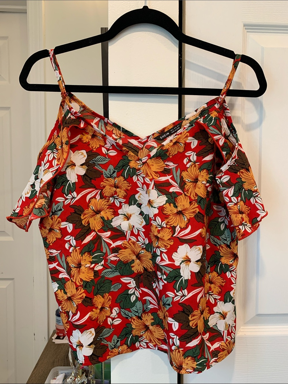 SHEIN Red Floral Cold-Shoulder Cami Top